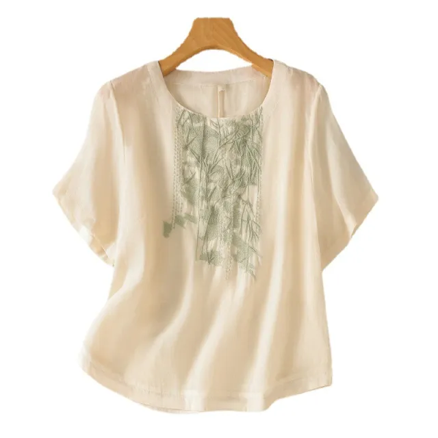 Women's Graceful And Fashionable Heavy Industry Embroidered Cotton And Linen Top - Shop at LoveMi