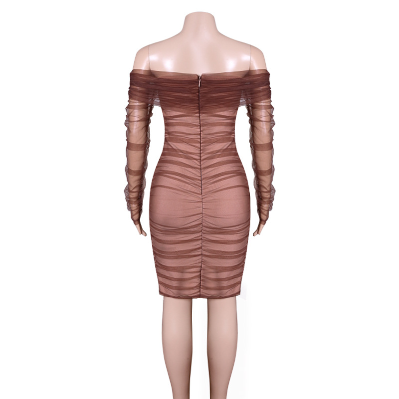 One Line Neck Mesh Pleated Sexy Nightclub Tight Fitting Bandage Long Sleeved Dress