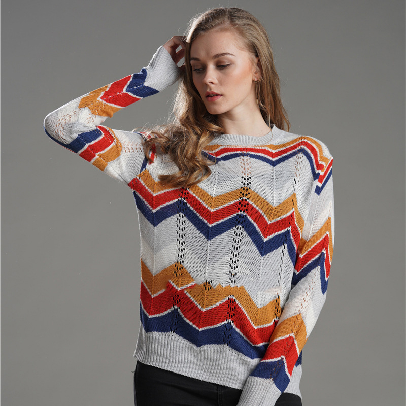 Title 2, Round Neck Sweater Pullover Striped Rainbow Blouse