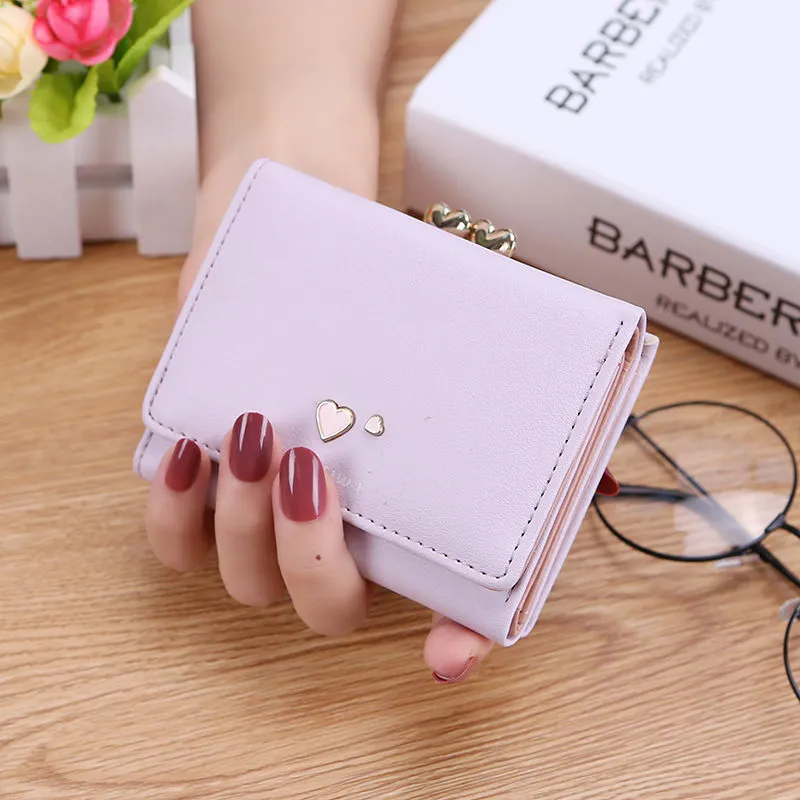 Three Fold Two Hearts Women's Purse Female Student Cute Coin Purse Short Style Multi-card Clip - Purple