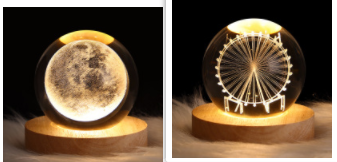 Kleine nachtlamp met kristallen bol, sterrenhemel en planeten – massiefhouten lampvoet, zonnestelsel 6 cm, 2 stuks