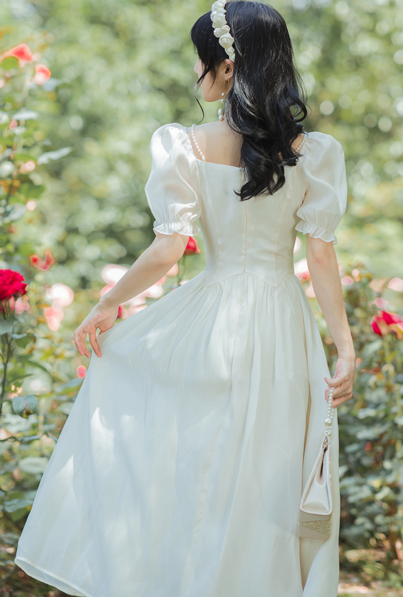 French Retro First Love One-shoulder Puff Sleeve Dress Xianxia V-neck