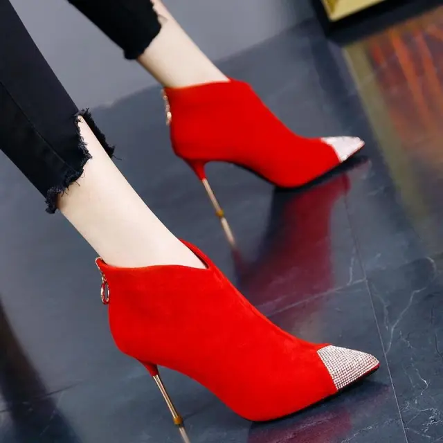 Women's Zipper Ankle Red Wedding Shoes Bridesmaid High Heel Stiletto Martin Boots Red - Shop at LoveMi