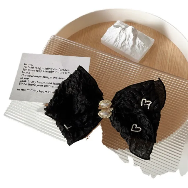 New Black Lace Hair Clip Retro Bow Love Rhinestone Spring Black - Shop at LoveMi