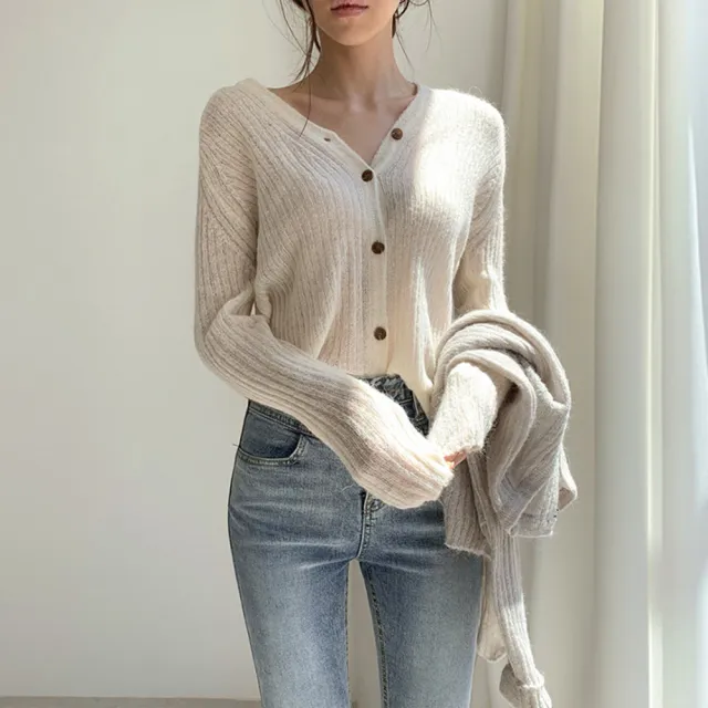 Solid Color Knitted Short Jacket Feminine Small V Neck Apricot - Shop at LoveMi