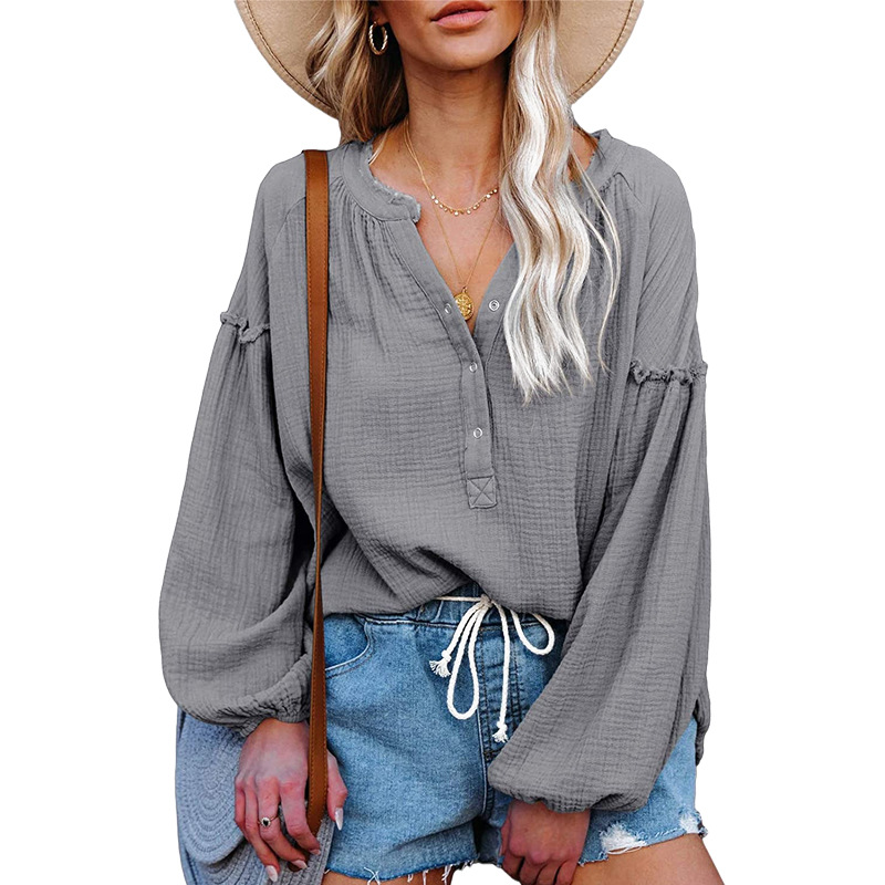 V-neck Lantern Sleeve Cotton Shirt Pullover