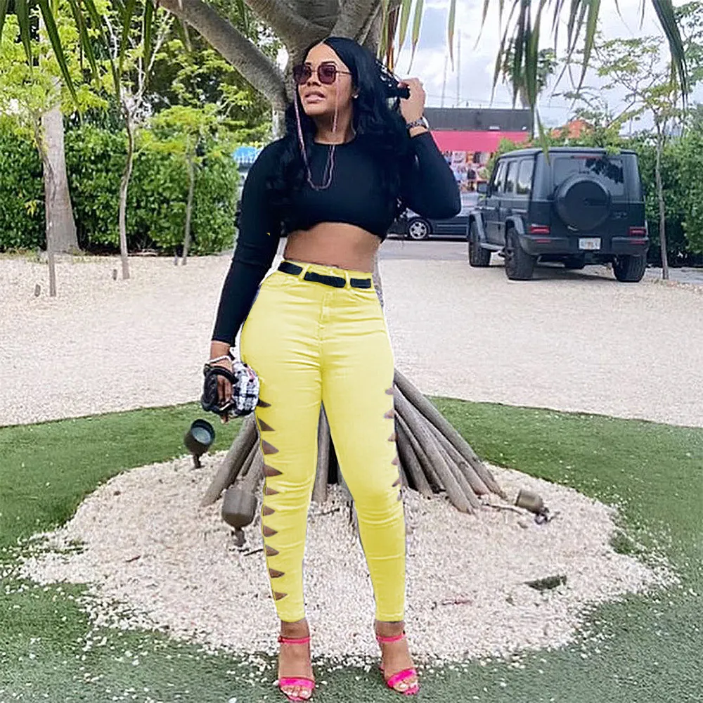 Fashion Casual Solid Color Ripped Jeans - Yellow