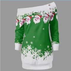 Christmas Women'S Positioning Printing One-Shoulder Long-Sleeved T-Shirt Sweater - Green - View 1