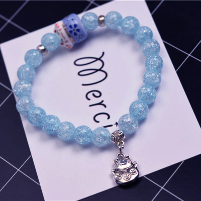 Simple Opal Crystal Bracelet Beaded Cinnabar Ceramic Lucky Cat Single Circle Bracelet