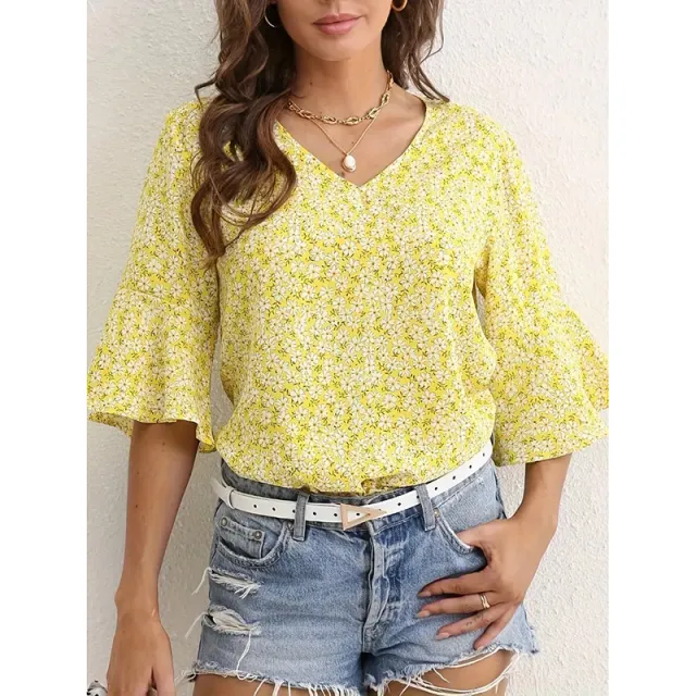 Womens Summer Floral Print Blouses V Neck Flare Sleeve Tops Dressy Casual T Shirts Yellow - Shop at LoveMi