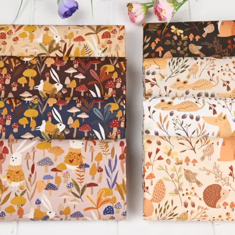 Muslin Bunny Squirrel Print Fabric Cotton