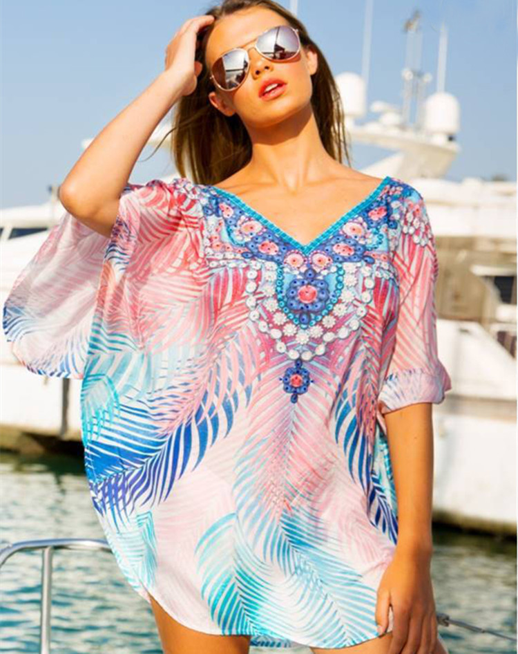 Cross-Border Exclusively For European And American Chiffon Printing Loose Large Size Beach Sunscreen Shirt Beach Holiday Skirt Bikini Outer Cover