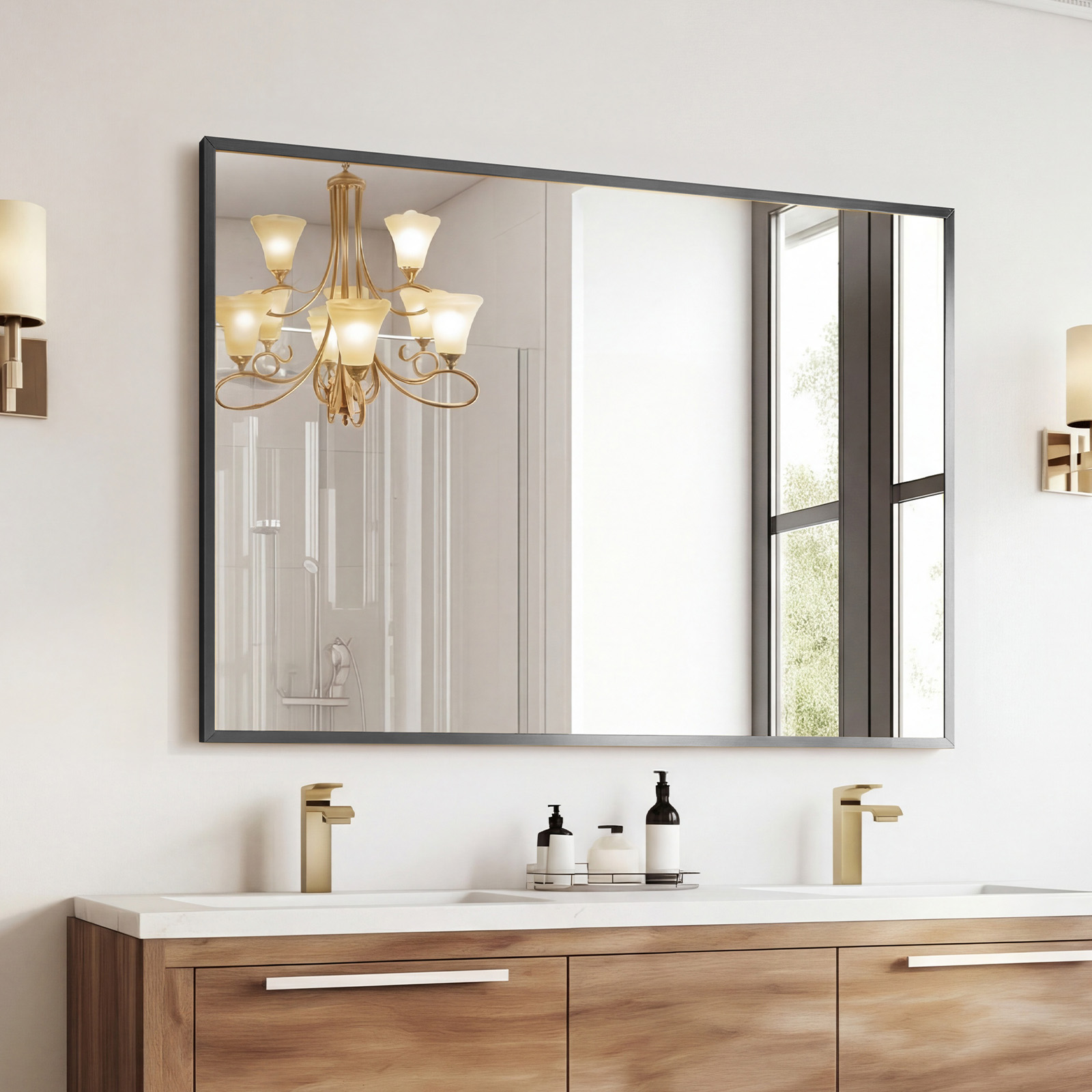 Above The Countertop, There Is A Rectangular Wall-mounted Bathroom Mirror With A Metal Frame And Made Of Tempered Glass. image 11