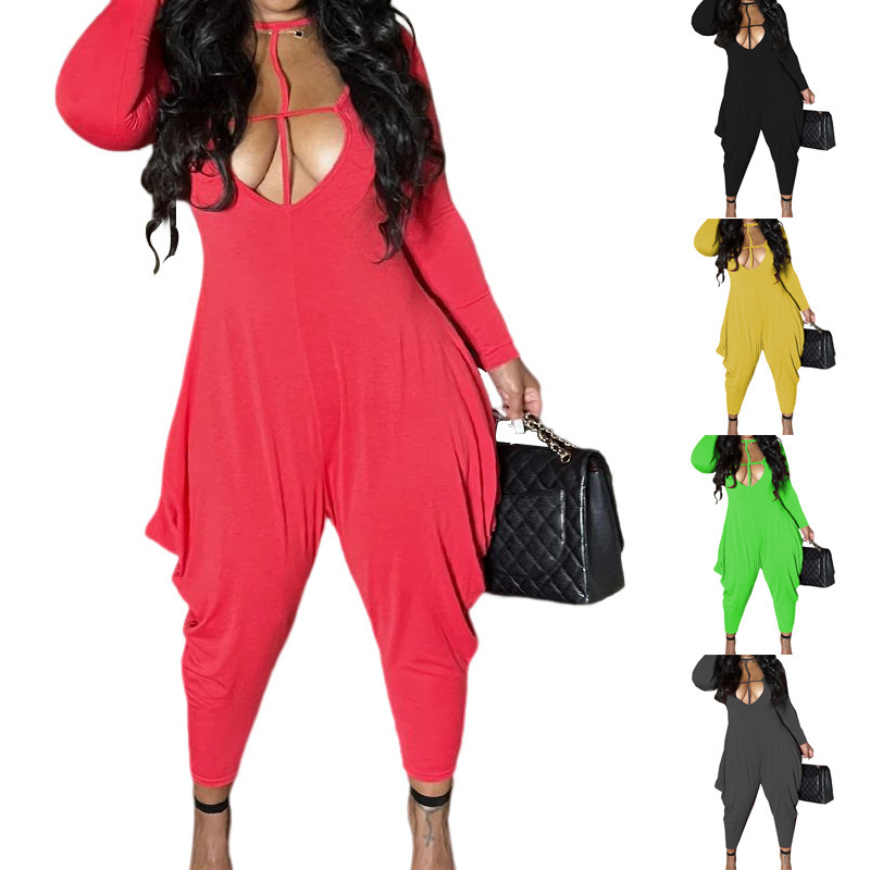 Women’s Solid Round Neck Casual Long Sleeve Loose Jumpsuit