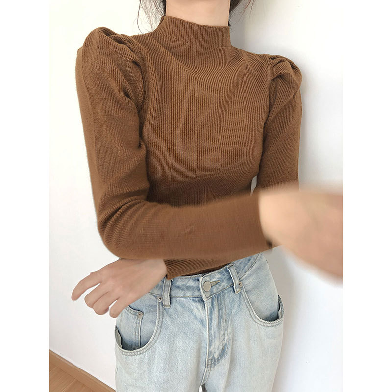 Title 4, Puff Sleeve Half High Neck Knitted Bottoming Shirt