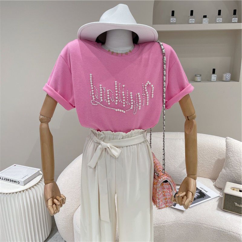 Round Neck Pearl Letter Loose Short Sleeve T-shirt