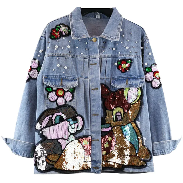 Cartoon Sequin Patch Denim Jacket Blue - Shop at LoveMi