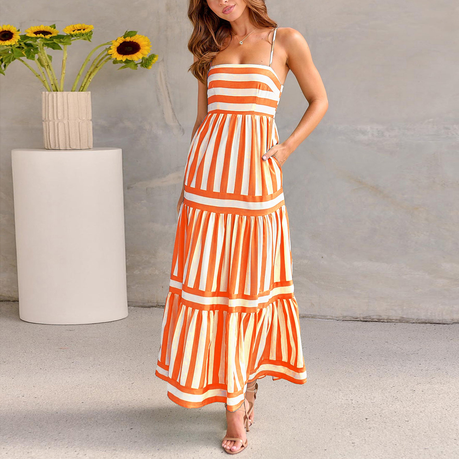 Summer Striped Printed Suspender Long Dress With Pockets Fashion Square Neck Bac - Picture 7 of 8