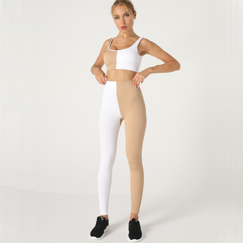 Contrast Stitching Tight Fitting Ribbed Straps Running Sports Suit