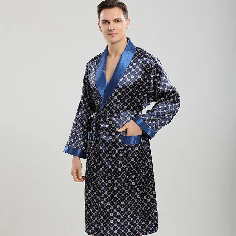 Men's Spring Summer Long Sleeve Silk Nightgown Two Piece