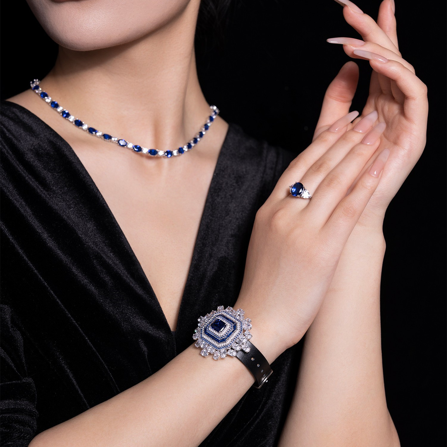 Title 4, Elegant Sapphire And Diamond Watch With Necklace