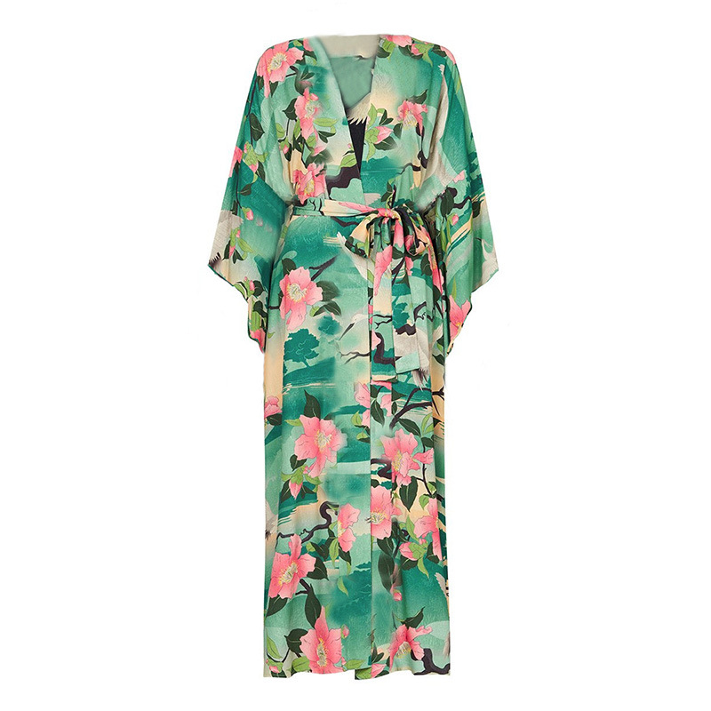 Cotton Crane Printed Large Size Loose Beach Jacket Sunscreen Clothes Mid-length Cardigan Swimsuit Cover Up Skirt Women