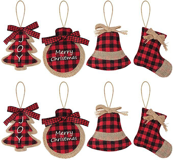 8 Pieces Of Christmas Buffalo Lattice Ornaments Fabric Ball Decorations