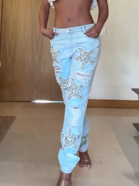 Five pointed Star Hot Diamond Ripped Jeans Blue - Shop at LoveMi