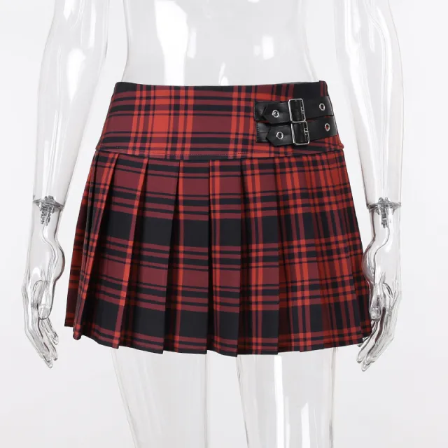Contrast Color Check Leather Webbing Pleated Skirt High Waist Slim Red - Shop at LoveMi