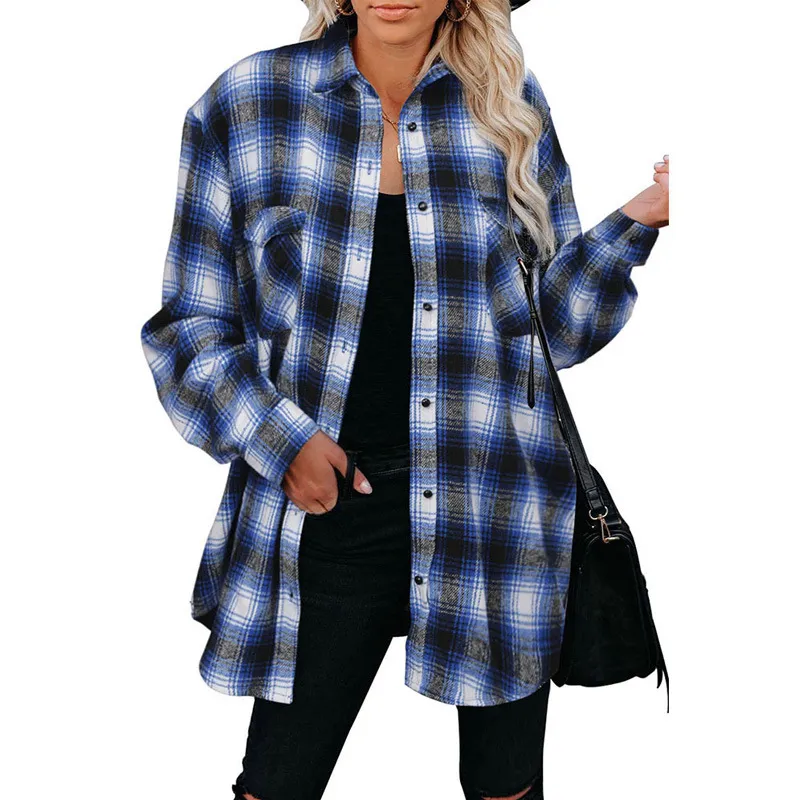 European And American Women's Plaid Mid-length Loose Lapel Cardigan Shirt - Dark Blue