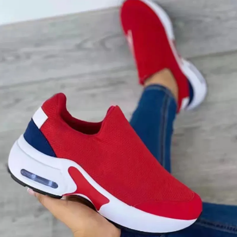 Women's Fashion Stretch Round Toe Knit Sneakers - Red