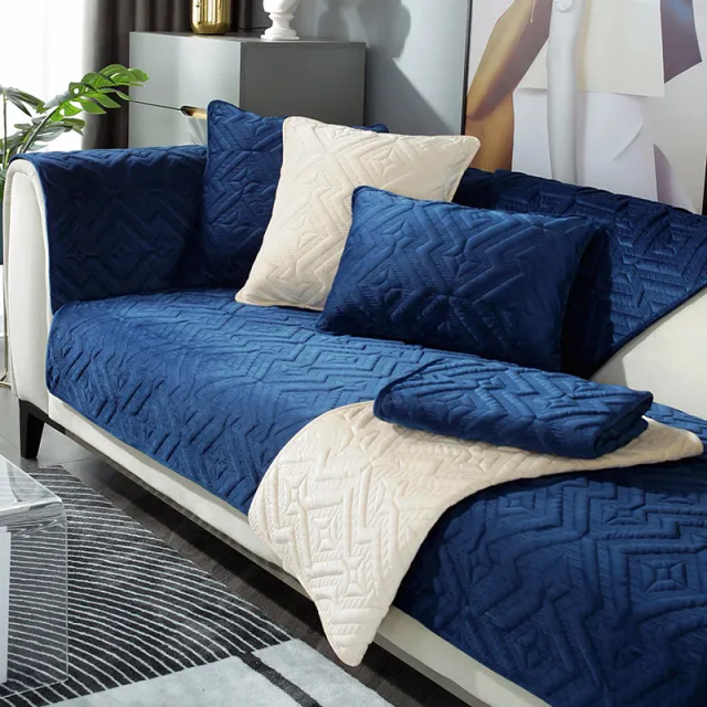 Black Sofa Cushion Winter Plush Thickened Non slip Sofa Leather Sofa Cover Dark Blue - Shop at LoveMi