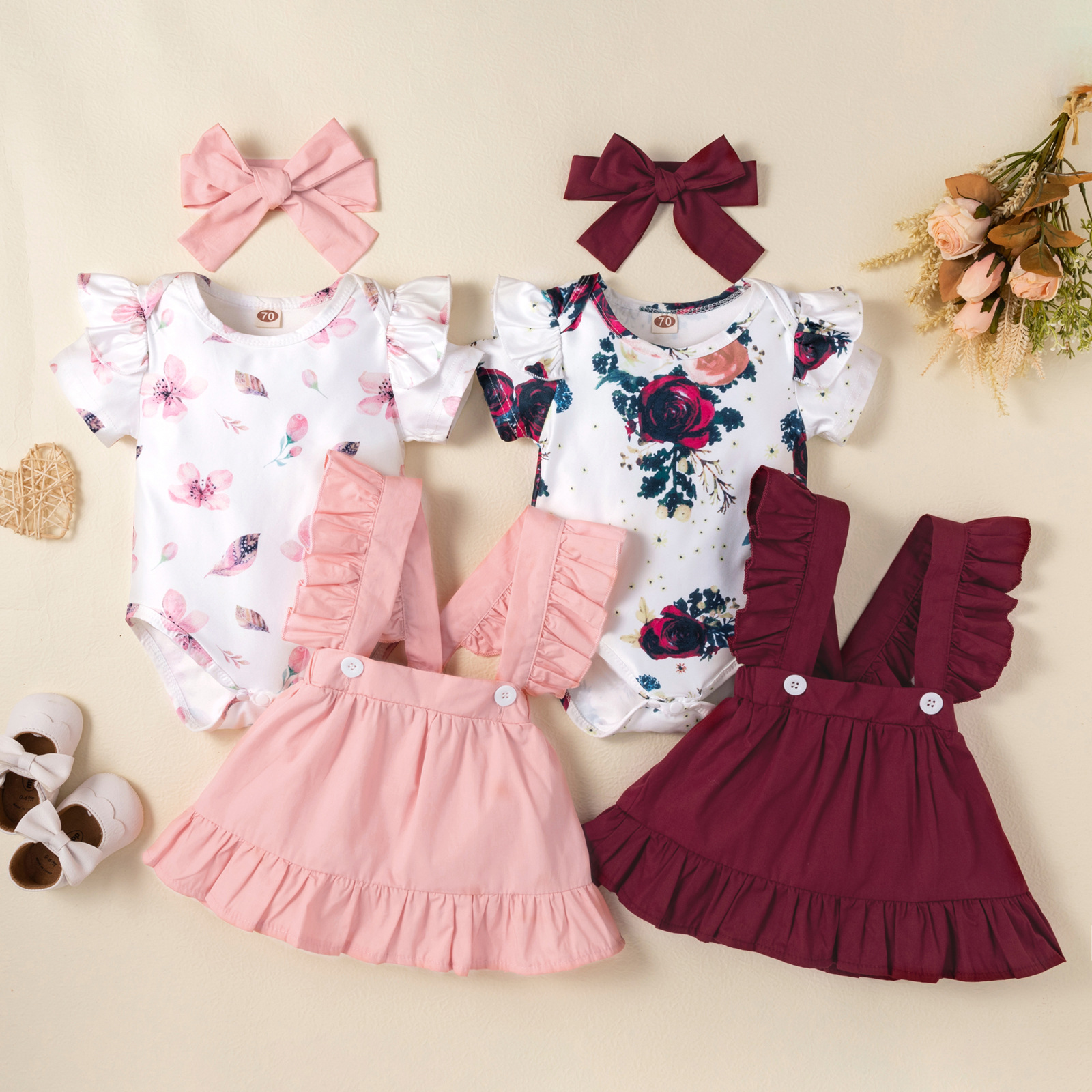 Flower Printed Short Sleeved Top With Straps Skirt Headwear Three Piece Set