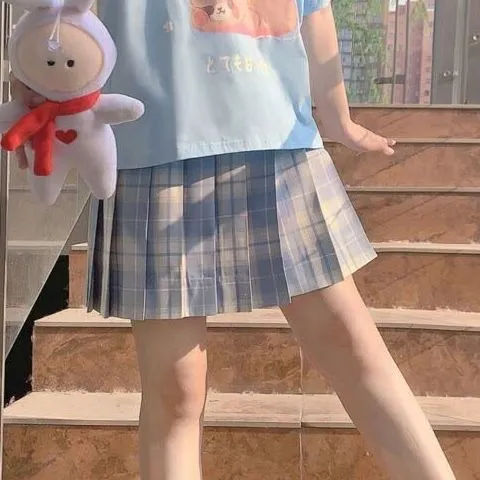 Japanese Soft Girl Style Cute Apple Bear College Student Short sleeved T shirt Set Skirt - Shop at LoveMi