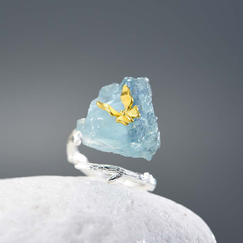 Women's Natural Aquamarine Adjustable Butterfly Ring