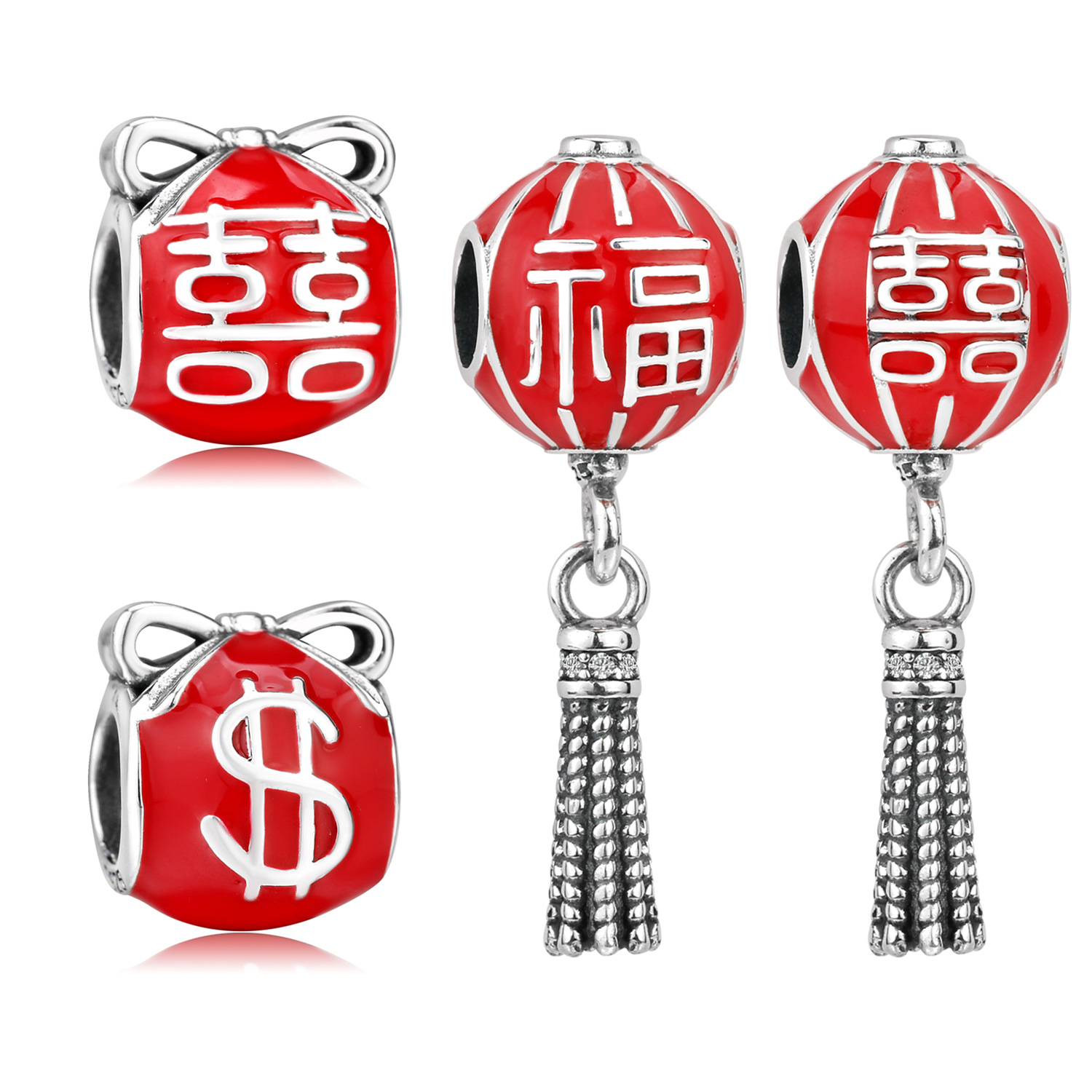 S925 Sterling Silver Gel Drop Beads Pendant Red Double Happiness Lucky Bracelet Diy Accessories Beads