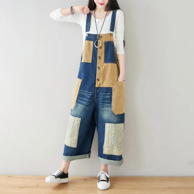 Women's Art Loose Washed White Denim Overalls Dark Blue - Shop at LoveMi