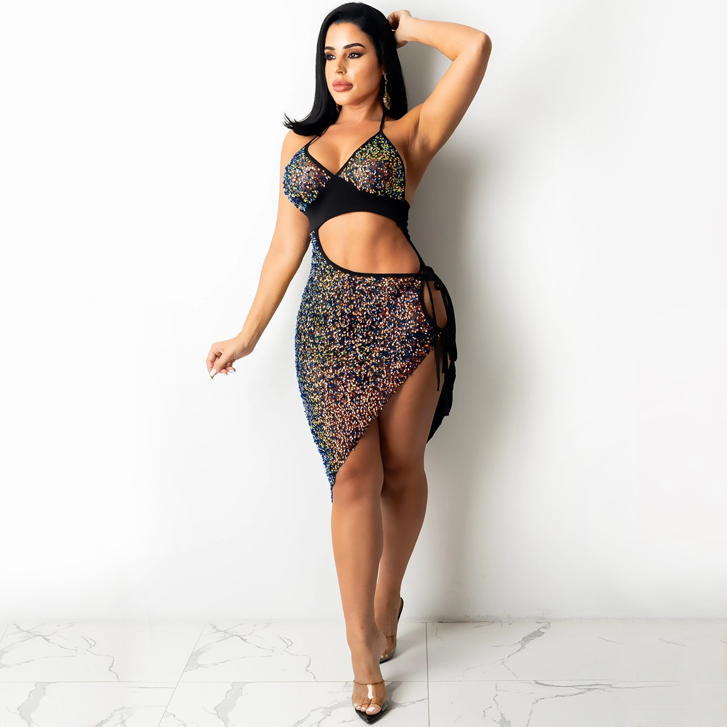 HTH 2212089 Sequin Halter With Cut out Slit Lace up Dress Colour L - Shop at LoveMi