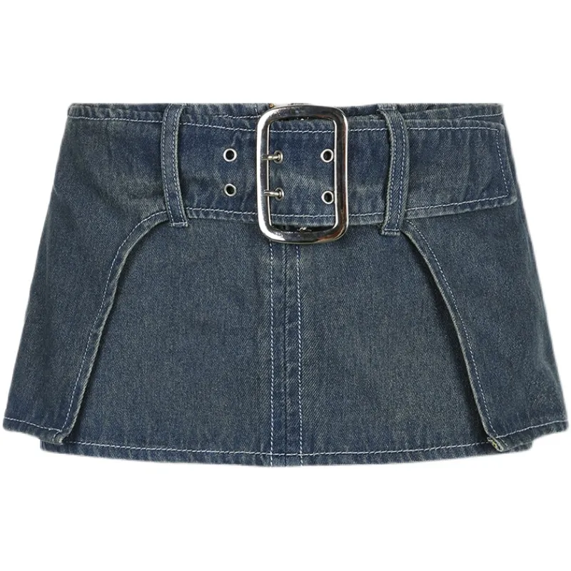 Dark Denim Skirt With Wide Belt Versatile - Blue