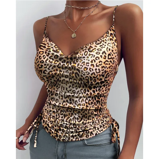 Spaghetti Strap Tops V neck Camisole Shirts Women Summer Clothes Leopard Print - Shop at LoveMi