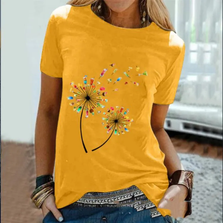 New Women's Red Wine Glass Dandelion Print Round Neck Short Sleeve T-Shirt - Yellow