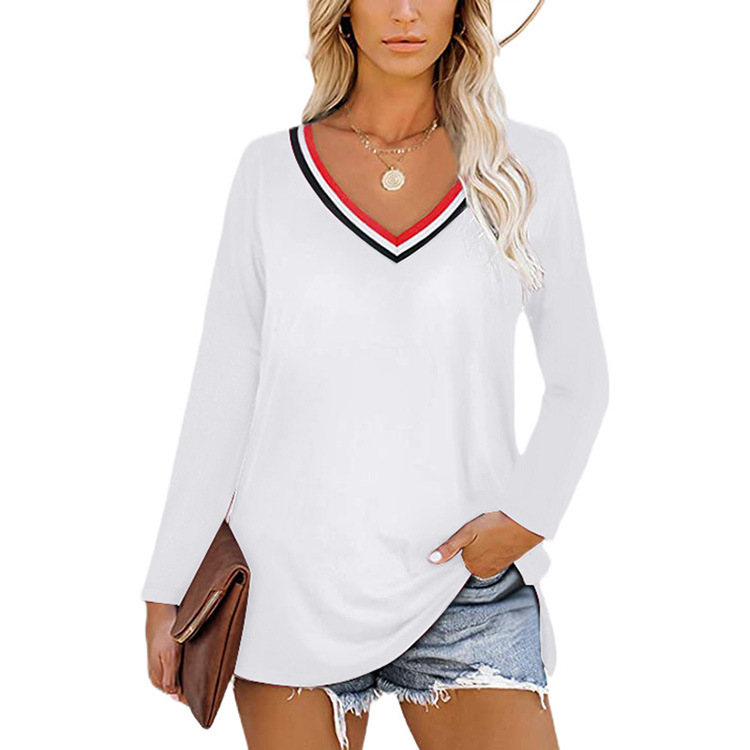 Top V-Neck Striped Panel Slit Long Sleeve T-Shirt