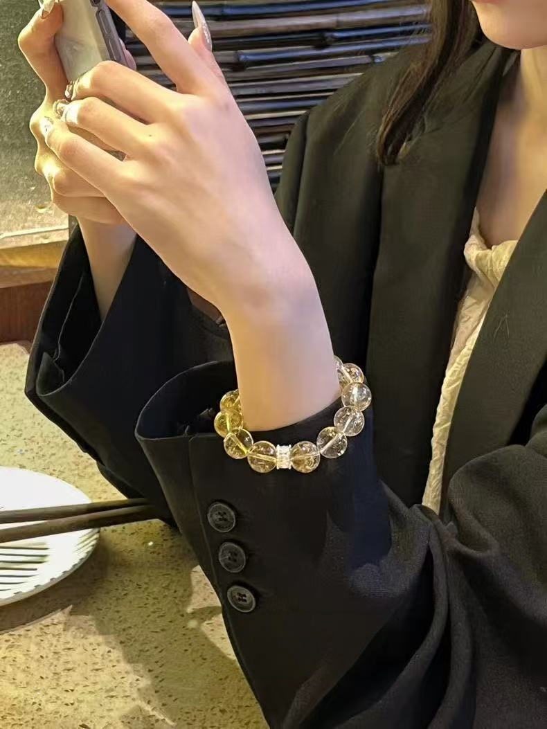 Natural Golden Rutilated Quartz  Citrine Bracelet Clear Quartz Faceted Bead Two Tone Chain Wealth Energy Jewelry For Women