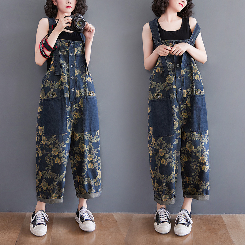 Title 2, Tuta jumpsuit in denim stampato, gamba larga, t...