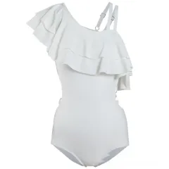 Women's One-piece Triangle Ruffled Sloping Shoulder Sling Hot Spring Swimsuit - White - View 1