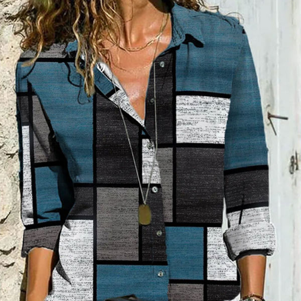 Fashion Print Lapel Long Sleeve Shirt For Women