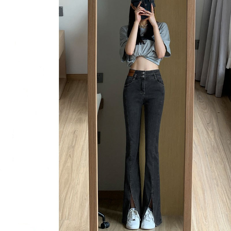 New Spring And Fall Straight High Waist Thin Wide Leg Slit Micro Flare Black Grey - Shop at LoveMi