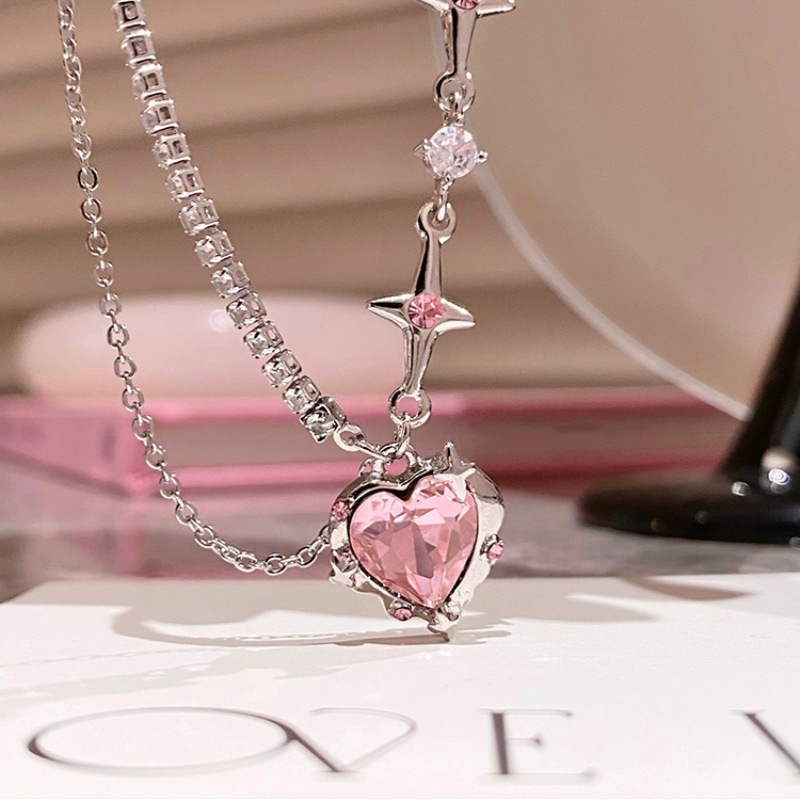 Diamond Heart Asterism Stitching Drill Chain Necklace