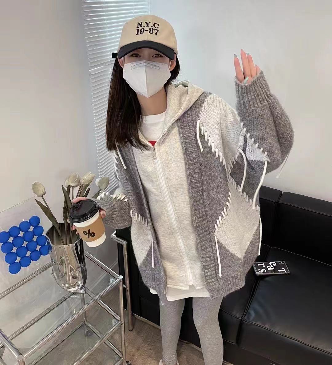 Ladies Sweater Stitching Sweater Jacket Women Autumn And Winter Grey - Shop at LoveMi