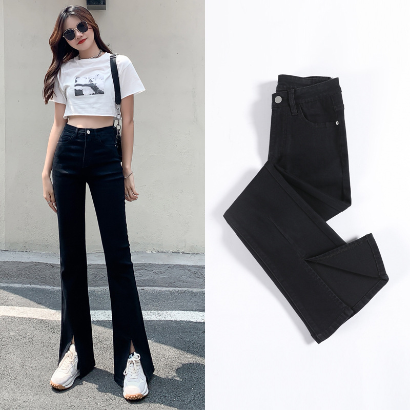 Women's Summer New High Waist Elastic Wide Leg Jeans Black Long - Shop at LoveMi